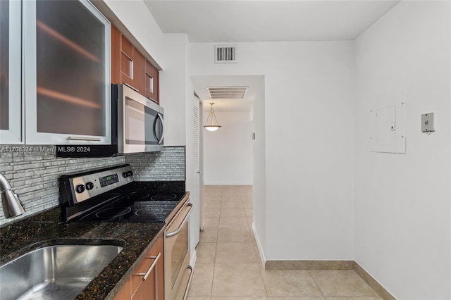 kitchen featuring decorative backsplash, appliances with stainless steel finishes, sink, pendant lighting, and electric panel