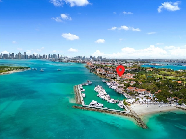 bird's eye view featuring a water view and a view of the beach