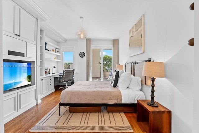 bedroom with light hardwood / wood-style floors and access to outside