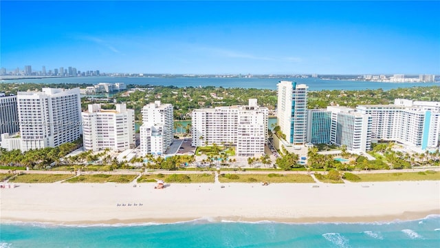 aerial view with a water view and a view of the beach