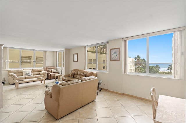 living room featuring light tile patterned flooring