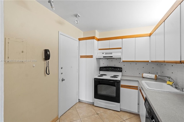 kitchen with tasteful backsplash, ventilation hood, sink, white electric stove, and white cabinets