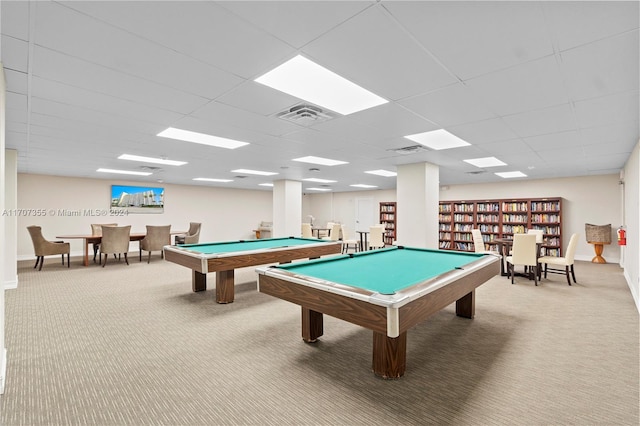 playroom featuring carpet, a paneled ceiling, and pool table