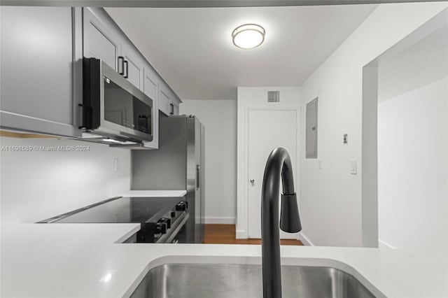 kitchen featuring gray cabinets, sink, electric panel, and appliances with stainless steel finishes