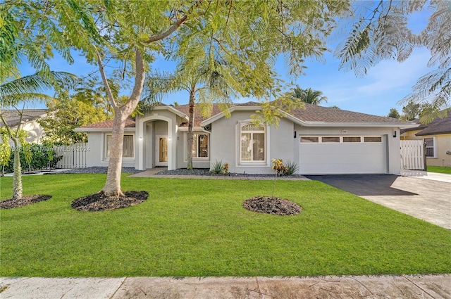 view of front of home featuring a front yard and a garage