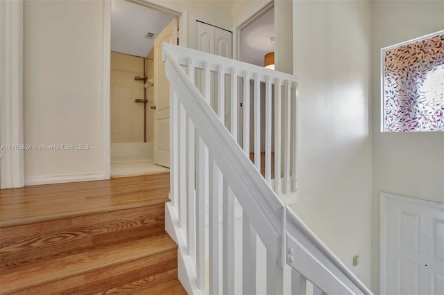 staircase with hardwood / wood-style flooring