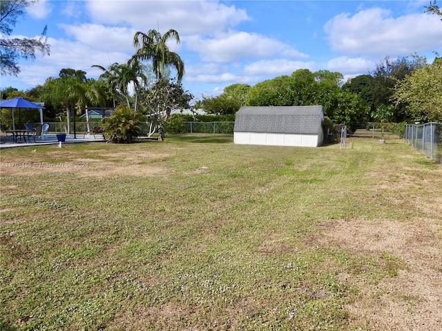 view of yard featuring a storage unit