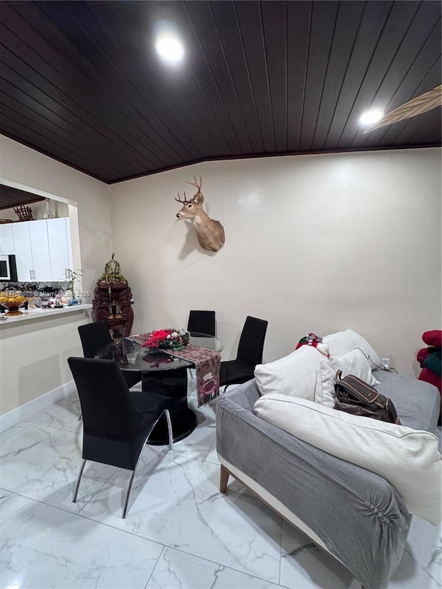 bedroom featuring recessed lighting, marble finish floor, wooden ceiling, and baseboards