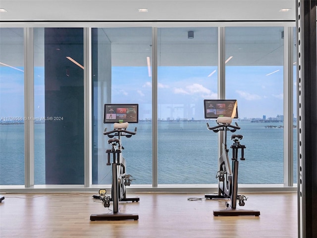 workout area with wood-type flooring, a water view, and a wall of windows