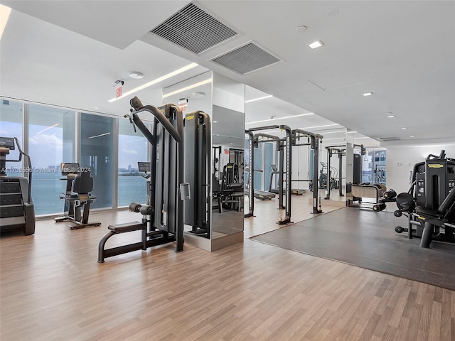 workout area with a water view, floor to ceiling windows, and light hardwood / wood-style floors