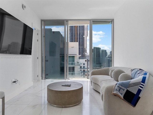 living room with a wall of windows