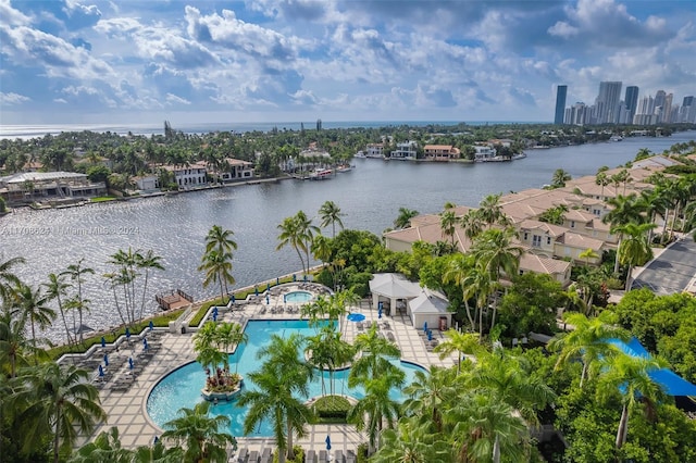 drone / aerial view featuring a water view