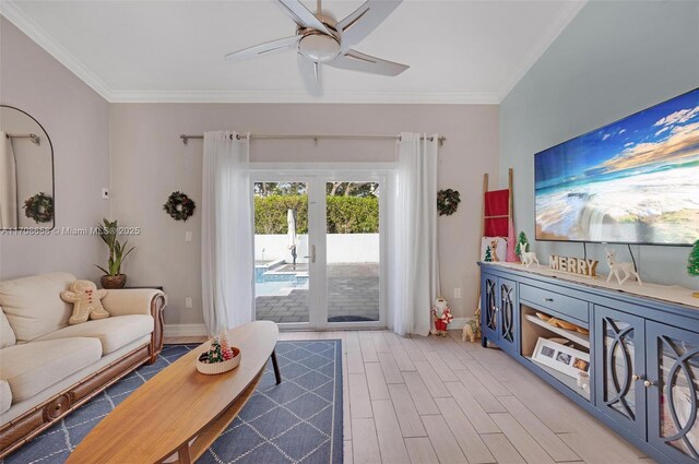12921 SW 17th Ct, Miramar, FL 33027 - living room featuring ornamental molding, a ceiling fan, light wood-style floors, french doors, and baseboards