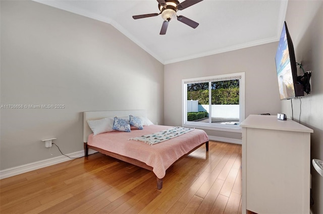 12921 SW 17th Ct, Miramar, FL 33027 - bedroom with vaulted ceiling, ornamental molding, light wood-style flooring, baseboards, and a ceiling fan