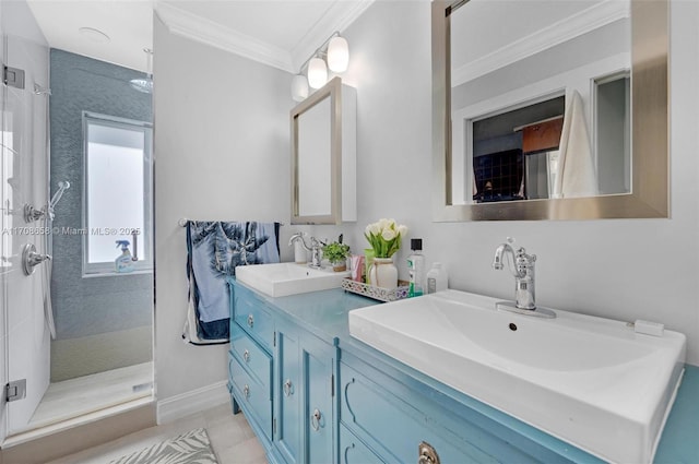 bathroom featuring ornamental molding, vanity, tile patterned flooring, and a tile shower