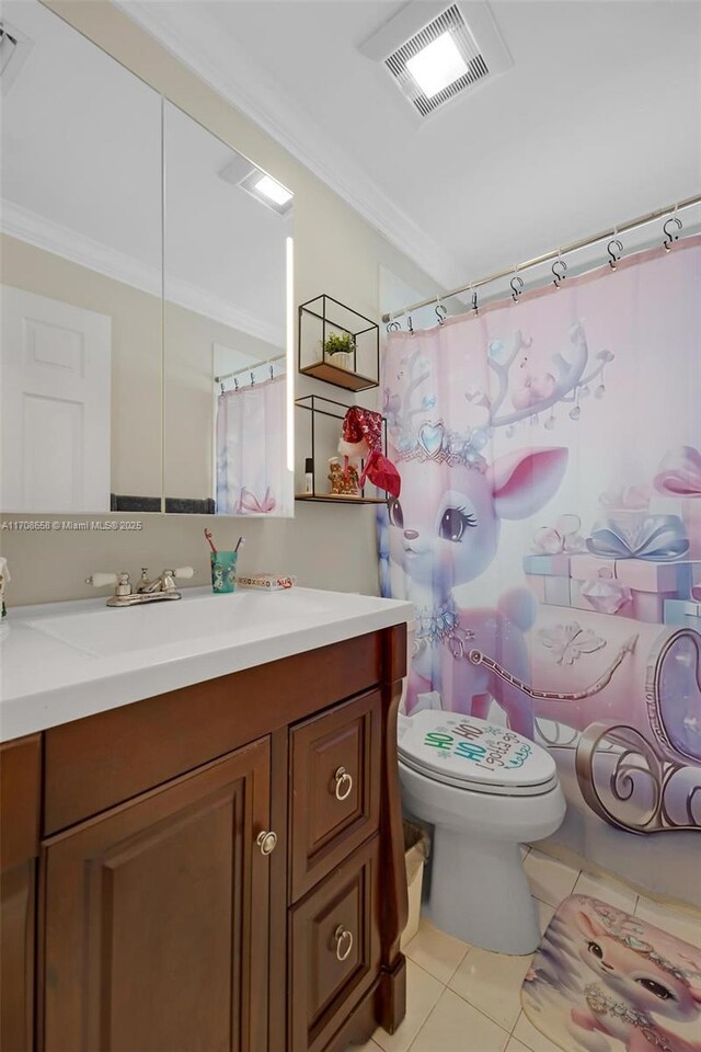12921 SW 17th Ct, Miramar, FL 33027 - full bathroom featuring ornamental molding, vanity, tile patterned flooring, toilet, and curtained shower
