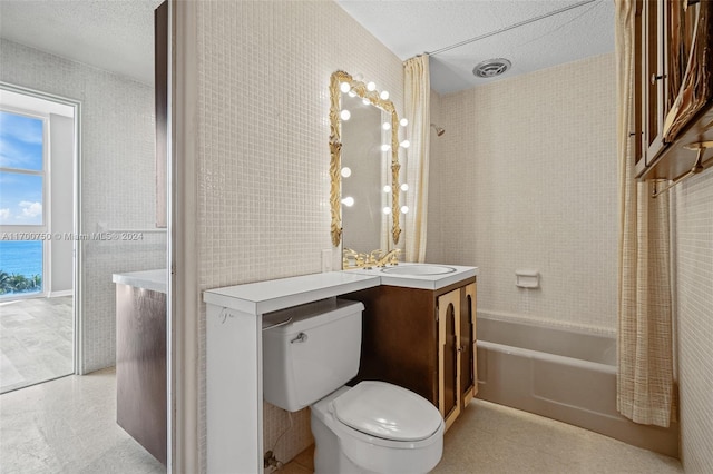 full bathroom with vanity, a textured ceiling, shower / tub combo with curtain, a water view, and toilet