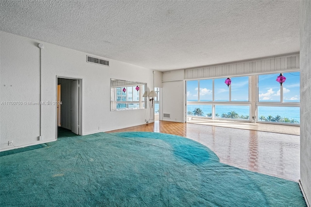 spare room with a water view, carpet floors, and a textured ceiling