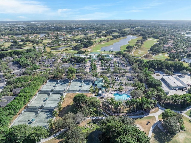 drone / aerial view with a water view