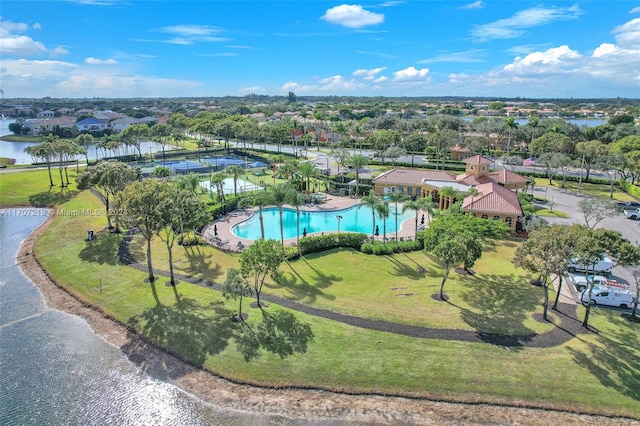 drone / aerial view featuring a water view