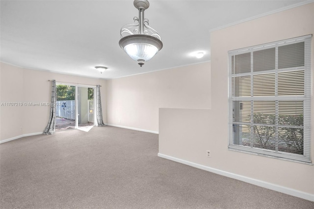 carpeted empty room featuring crown molding