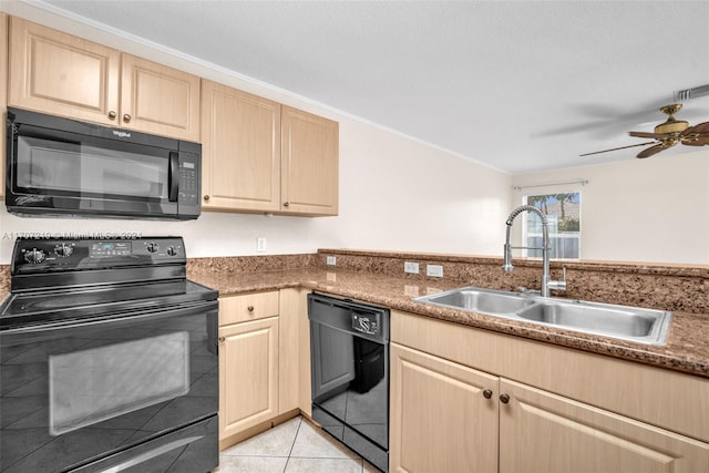 kitchen with ceiling fan, sink, light brown cabinetry, light tile patterned flooring, and black appliances