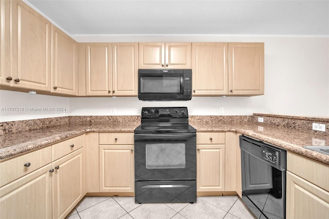 kitchen with black appliances, light stone countertops, ornamental molding, and light brown cabinetry