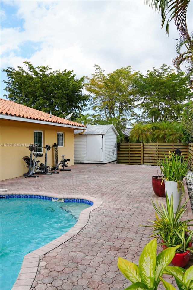 view of swimming pool featuring a patio area and a shed