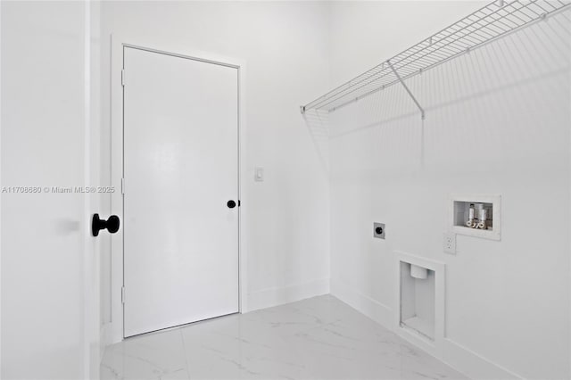 laundry room featuring washer hookup, marble finish floor, hookup for an electric dryer, laundry area, and baseboards