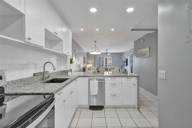 kitchen with dishwasher, sink, kitchen peninsula, range with electric stovetop, and white cabinetry