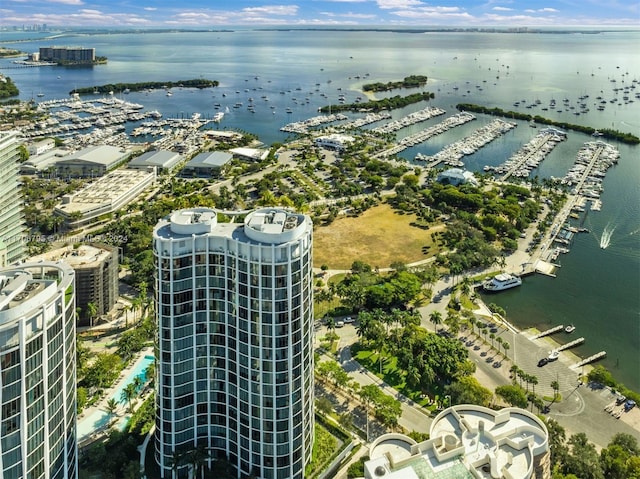 drone / aerial view featuring a water view