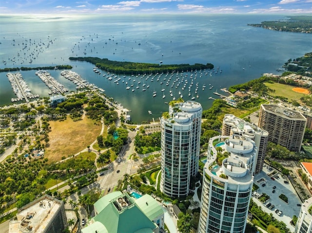 birds eye view of property featuring a water view