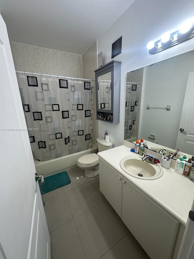 full bathroom with tile patterned flooring, vanity, toilet, and shower / bathtub combination with curtain