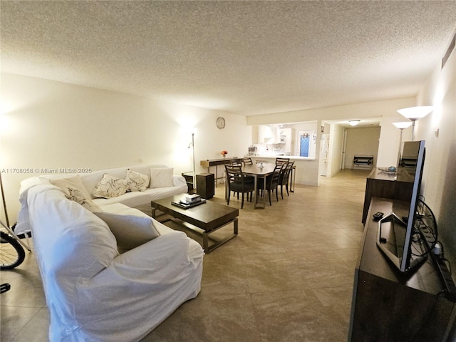 living room with a textured ceiling