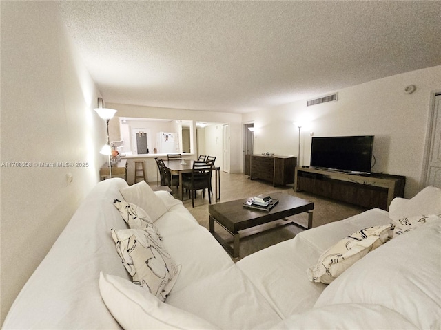 living room with a textured ceiling