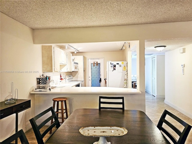 dining room with track lighting and a textured ceiling