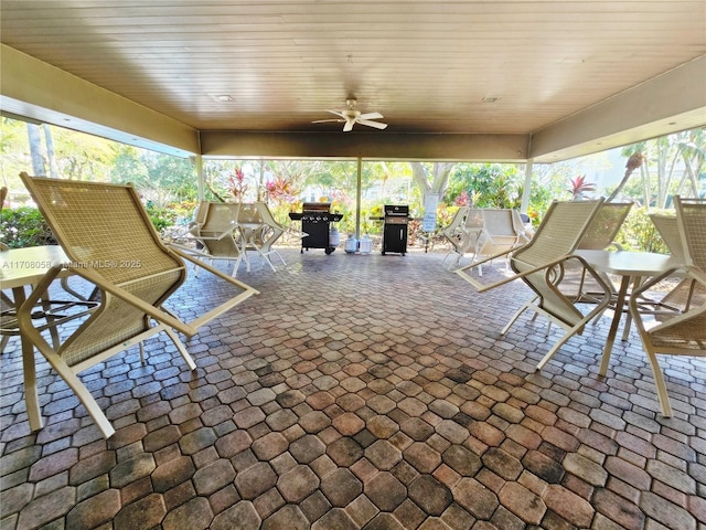 unfurnished sunroom featuring ceiling fan and wood ceiling