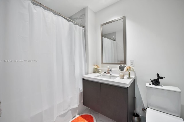 bathroom with vanity and shower / tub combo with curtain