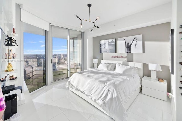 bedroom with a notable chandelier, floor to ceiling windows, access to exterior, and light tile patterned flooring