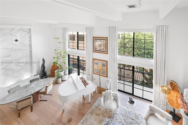 interior space with beamed ceiling, light hardwood / wood-style flooring, and a wealth of natural light