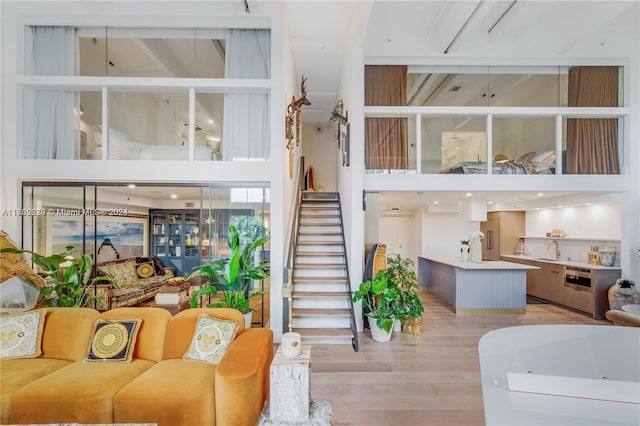 living room featuring sink and light hardwood / wood-style flooring