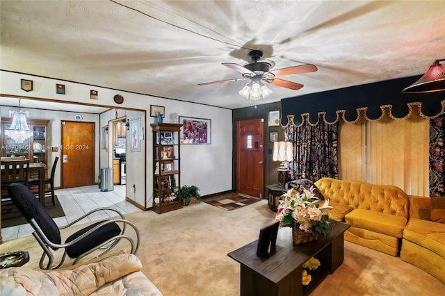 carpeted living room featuring ceiling fan