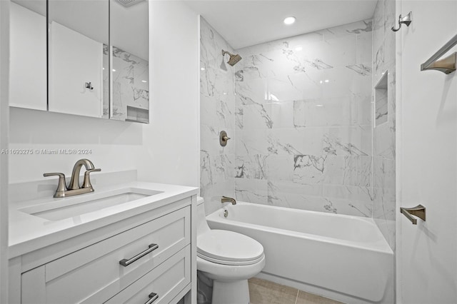 full bathroom with toilet, vanity, and tiled shower / bath combo