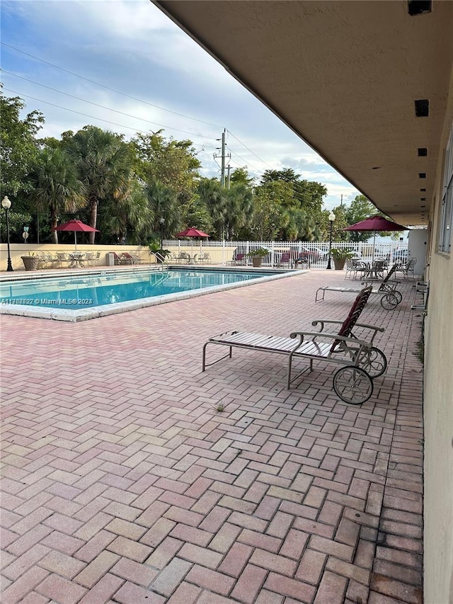 view of swimming pool featuring a patio area