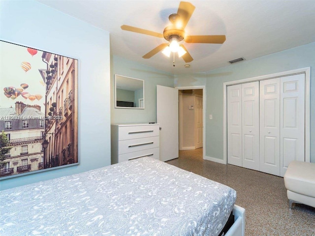 bedroom featuring ceiling fan and a closet