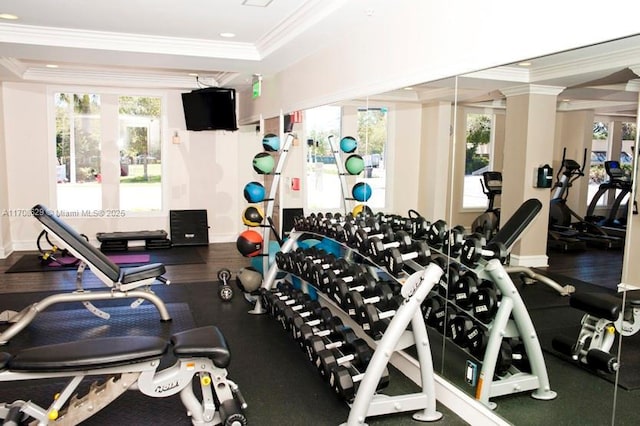 workout area featuring crown molding and a tray ceiling