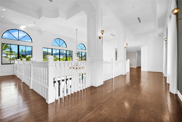 corridor with crown molding and dark wood-type flooring