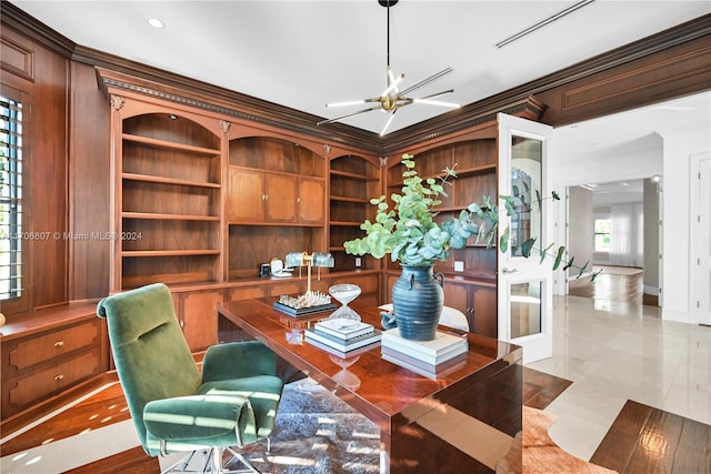 office with crown molding and french doors