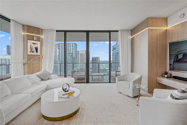 carpeted living room with wood walls, expansive windows, and a healthy amount of sunlight