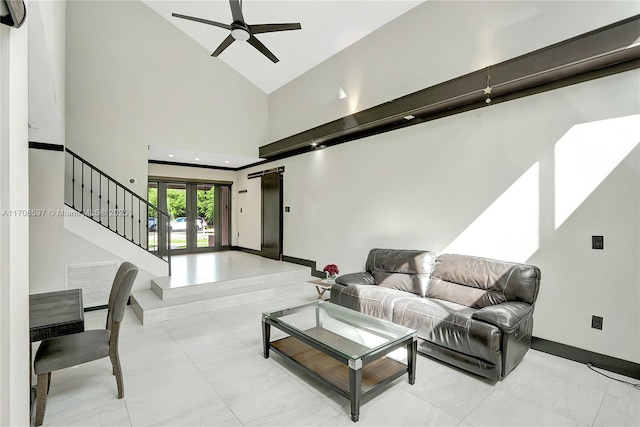 living room featuring high vaulted ceiling, french doors, and ceiling fan